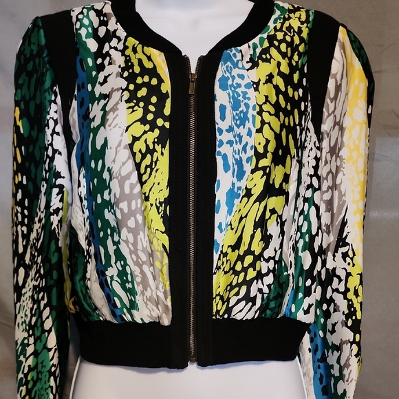 BCBGMaxAzria Green and Yellow Bomber Jacket with Luxurious Sheen - Picture 1 of 9